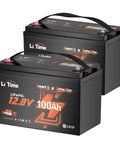 Rock Hard 12 Volt 100 Amp Hour Lithium Iron Phosphate Battery For Marine And Trolling Motors With Blazing Fast Smartphone App Monitoring Built Tough Deep Cycle Power Supply Twin Pack Duo viewed from the front with handle