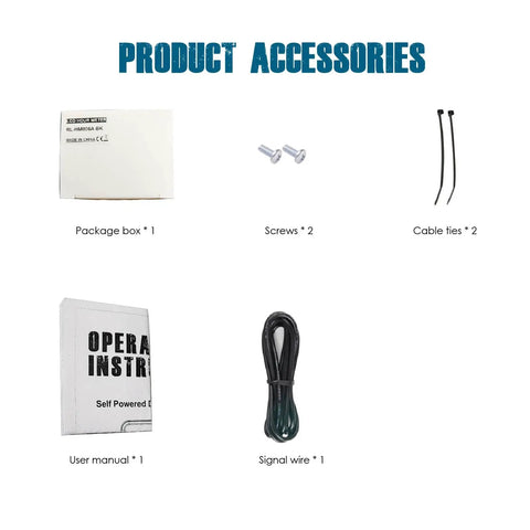 Digital Hour Meter For Gas Engines Waterproof Design accessory kit showing box, screws, cable ties, user manual, and signal wire