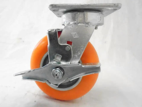 Heavy Duty Kingpinless Swivel Casters Set Of Four With Solid Foot Brakes 6 Inch Orange Polyurethane Wheels side view showing brake mechanism.