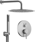 GRANDJOY 10" Wall Mount Shower System with Handheld Spray, Brushed Nickel, featuring a large rainfall shower head and sleek control panel.