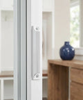 Close-up of 2 Pack Aluminum Drawer Handles 3 Point 5 Inch Low Profile Finger Pulls For Kitchen Cabinets And Dressers White Finish With Screws Durable Rust Proof Hardware No Fuss Easy Install installed on white cabinet