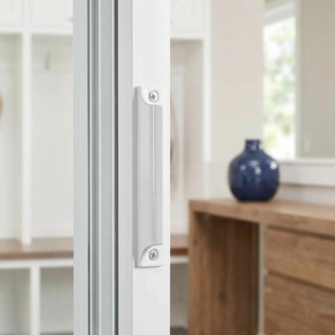 Close-up of 2 Pack Aluminum Drawer Handles 3 Point 5 Inch Low Profile Finger Pulls For Kitchen Cabinets And Dressers White Finish With Screws Durable Rust Proof Hardware No Fuss Easy Install installed on white cabinet