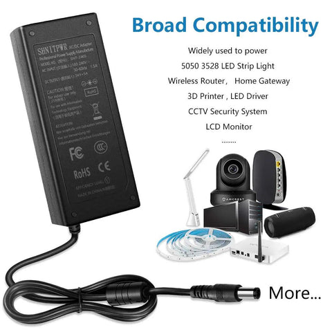 24V DC Power Supply Adapter 120W 5A 100-240V AC To DC Converter For LED Strip Lights 5050 And 3528 With 5.5x2.5mm Plug