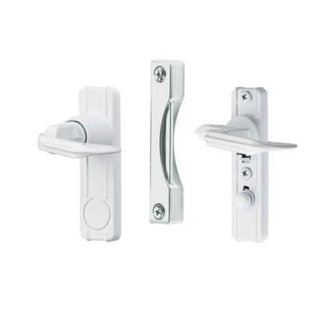 In Swing Storm Door Handle Set For 7/8 To 1 3/8 Inch Thick Doors No Key Lock White Finish shown with components
