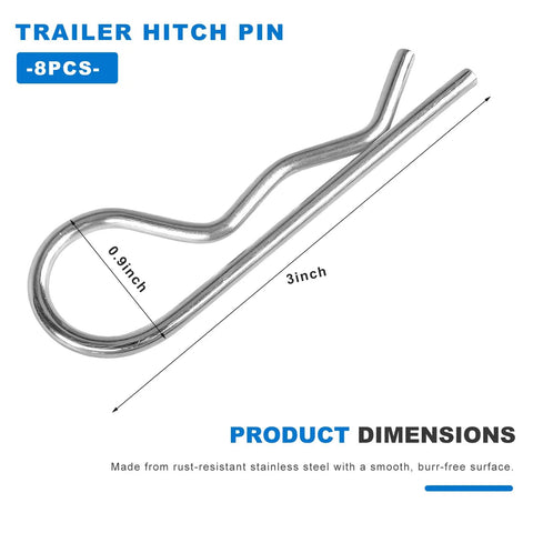 8 Piece Stainless Steel Trailer Hitch R Clips Assortment Kit For Universal Heavy Duty Retaining Wire Clips Cotter Pins For Trailers Tractors Cars, 3 x 0.9 in