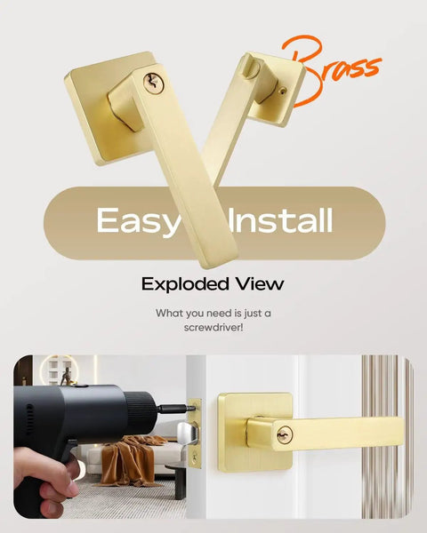 5 Pack Entry Door Lockset With Keys, Gold Door Handles For Interior Or Exterior Doors, installation and exploded view