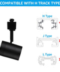 Diagram showing compatibility of Anti Glare Dimmable LED Track Lighting Heads Set 8.5W H Type Integrated Track Heads With CRI90 ETL Listed 4000K Cool White Matte Black with H-type track.
