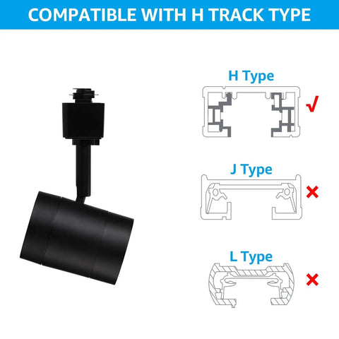 Diagram showing compatibility of Anti Glare Dimmable LED Track Lighting Heads Set 8.5W H Type Integrated Track Heads With CRI90 ETL Listed 4000K Cool White Matte Black with H-type track.