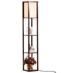 Maxwell Dope Modern Shelf Floor Lamp With Shade And Warm White LED Bulb, Havana Brown finish, 3 shelves, corner use