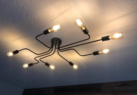 Black Sputnik Ceiling Light Fixture With Eight Adjustable Arms Industrial Semi Flush Mount Chandelier Rustic Retro Metal Lighting