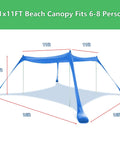 Big Beach Canopy Sun Shelter 11 By 11 Feet UPF Fifty Plus with sandbags, blue outdoor tent with dimensions, fits six to eight people