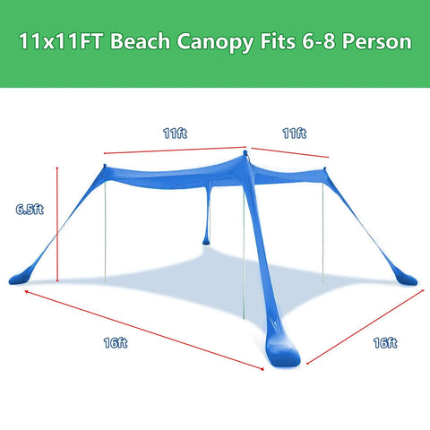 Big Beach Canopy Sun Shelter 11 By 11 Feet UPF Fifty Plus with sandbags, blue outdoor tent with dimensions, fits six to eight people