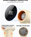 Close-up of 10000mAh Portable Handheld Fan With USB Rechargeable Power Dope Mini Turbo Breeze showing LED display and controls.