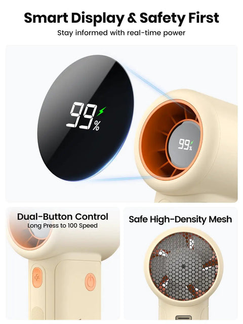 Close-up of 10000mAh Portable Handheld Fan With USB Rechargeable Power Dope Mini Turbo Breeze showing LED display and controls.