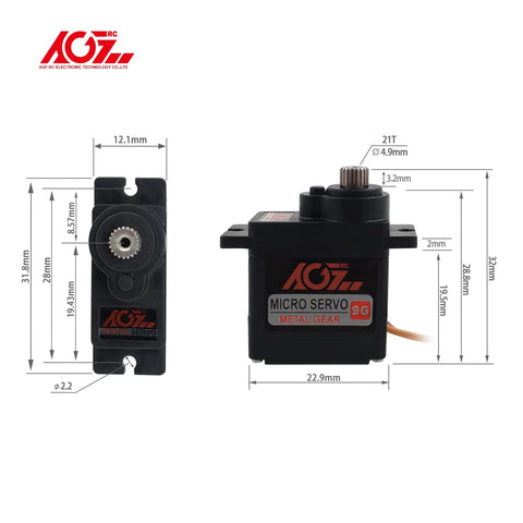 Two Pack 9g Micro RC Servo Motors, Digital Metal Gear, Mini Servo For RC Helicopter Airplane Car, shown with dimensions