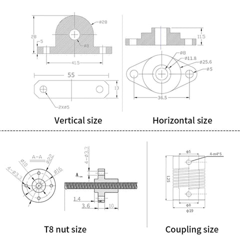 Awesome T8 Lead Screw Kit With 8mm Pitch Vertical Setup Including Smooth Coupling And Sturdy Bracket Support Bearing Assembly For Horizontally Mounted Trapezoidal Drive Systems That Make Projects Fly. Technical dimension drawings of T8 nut, coupling, and bracket sizes