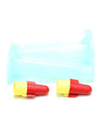 Direct bury splice kit components: two red R/Y connectors with yellow sleeves beside a blue storage case.