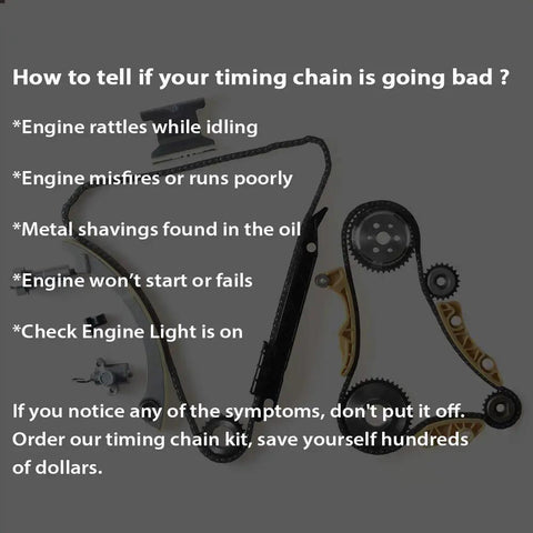 Information graphic about timing chain symptoms with a 2.4 Ecotec Timing Chain Kit With Tensioner And Guides For 2010 To 2015 Chevy.