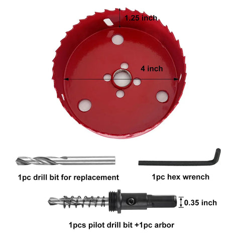 4 Inch HSS Bi-Metal Hole Saw With Arbor And Mandrel, Pro Grade M42 Bi-Metal Cutter and kit components shown in detail