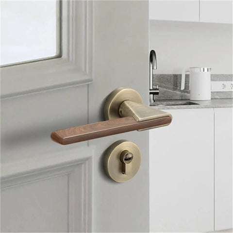 Silent Zinc Alloy Door Lock With Wood Grain Handle for Bedroom Security on white door in modern kitchen setting