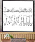 Wall art featuring line drawings of various dog breeds in a minimalist style, perfect for dog lovers and home decor enthusiasts.
