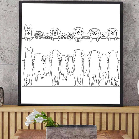 Wall art featuring line drawings of various dog breeds in a minimalist style, perfect for dog lovers and home decor enthusiasts.