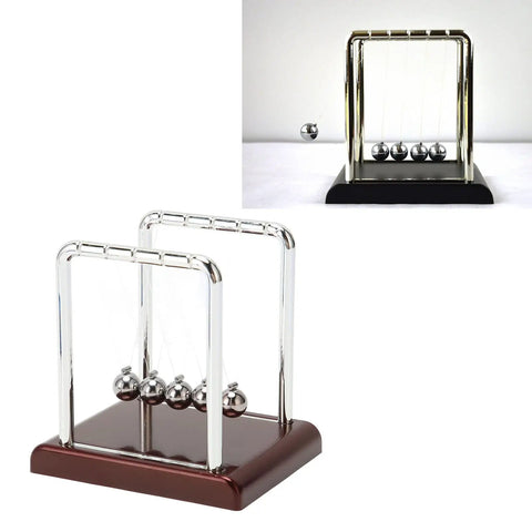 Five Beads Newton's Cradle Desk Toy With Perpetual Motion Pendulum on sleek wooden base, silver frame, and five metal spheres swinging.