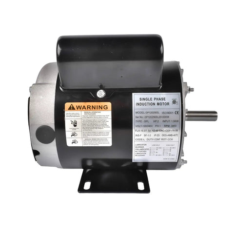 Garage Grade Electric Motor Optimized For Air Compressor Workflows Yields Two Hp Single Phase mounted on a tough base with a warning label.