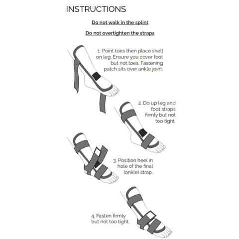Instruction steps for Large Left Foot Night Splint Built For Complete Achilles Rupture And Full Tendon Tear Recovery Keeps Your Foot Toes Down At One Hundred Fifty Five Degrees For Top Notch Healing And Chill Sleep Support.