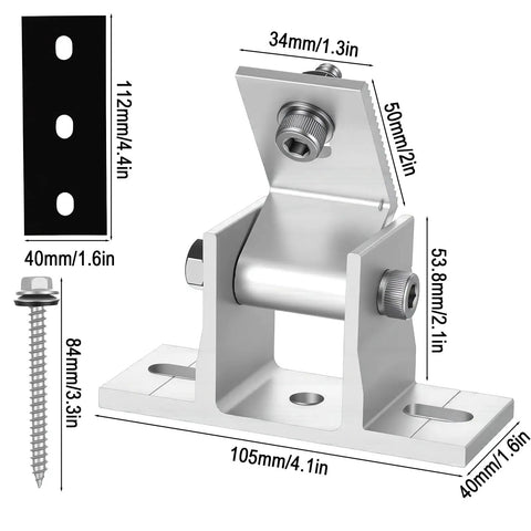 Slap On Those Bad Boy Solar Panel Mount Brackets For Flat Roofs And RV Rigs With Adjustable 10 To 60 Degrees Aluminum Alloy Legs And Anti Slip Rubber Base 4 Pack dimensions showing adjustable angles and sturdy aluminum construction.