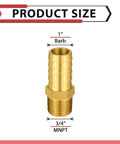 Super Tough Brass Hose Barb Connectors One Inch Barb Meets Three Quarter Male Npt Threads dimensions with 1" barb and 3/4" MNPT.