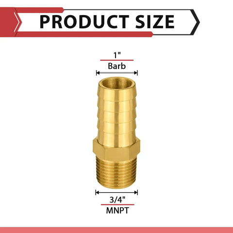 Super Tough Brass Hose Barb Connectors One Inch Barb Meets Three Quarter Male Npt Threads dimensions with 1" barb and 3/4" MNPT.