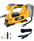 Cordless Tire Inflator Air Compressor For Cars And Bikes On The Go With 150 PSI, LED Light, Digital Gauge, Accessories Shown