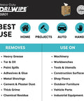 Heavy Duty Wipes 160 Count For Tools And Machinery Size 10 By 15 Inches chart listing uses and types of mess it removes