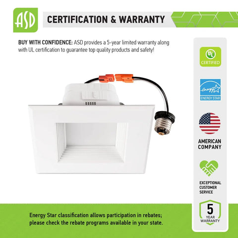 4 Inch Square Recessed LED Can Lights 10W Replacement 722 Lumens Wet Rated Dimmable CRI90 5 CCT Adjustable with UL Cert badge