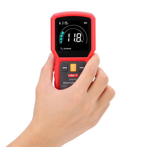 Dead On Accuracy Pinless Moisture Meter displaying moisture levels, handheld for measuring wood and drywall moisture.