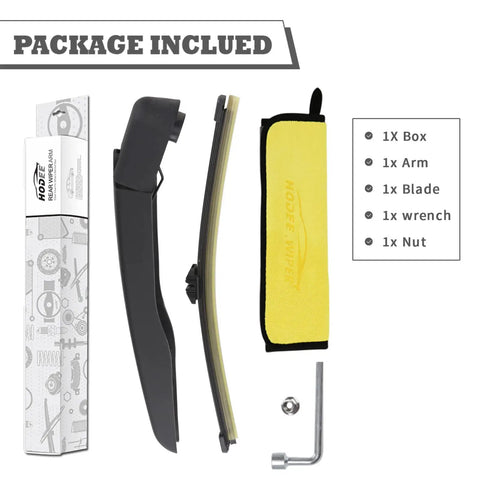 Heavy Duty Rear Windshield Wiper Arm And Blade Kit For Ford Edge 2015 To 2024 components displayed in package, including arm, blade, wrench, and nut.
