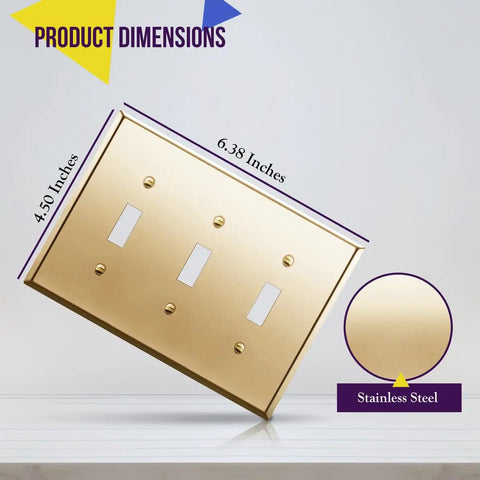 Toggle Light Switch Wall Plate, Metal 3-Gang 4.50 x 6.38 Inches, Brass Gold Finish, shown in angled view with dimensions