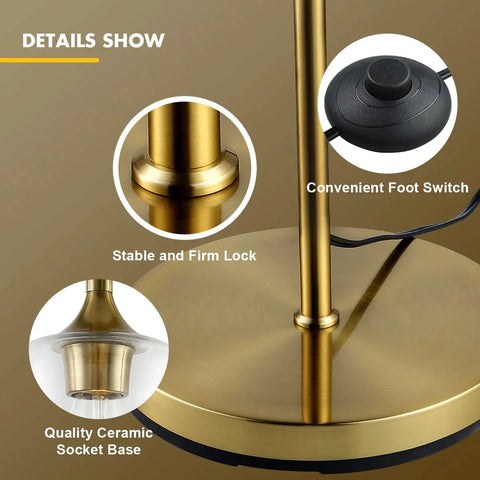 Gold Floor Lamp For Bedroom And Living Room, Industrial Tall Standing Light With Pedal Foot Switch, close-up of base and switch detail