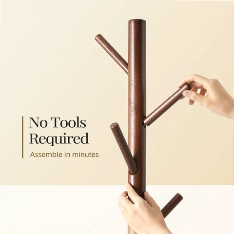 Assembling Sturdy Wooden Coat Tree With Eight Hooks Height Adjustable At 39.8 54.3 And 68.9 Inches Hat Stand
