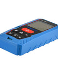 Boss Laser Distance Meter Measures 60m For Fast Jobs Without Stress. Blue handheld device with buttons and LCD screen.