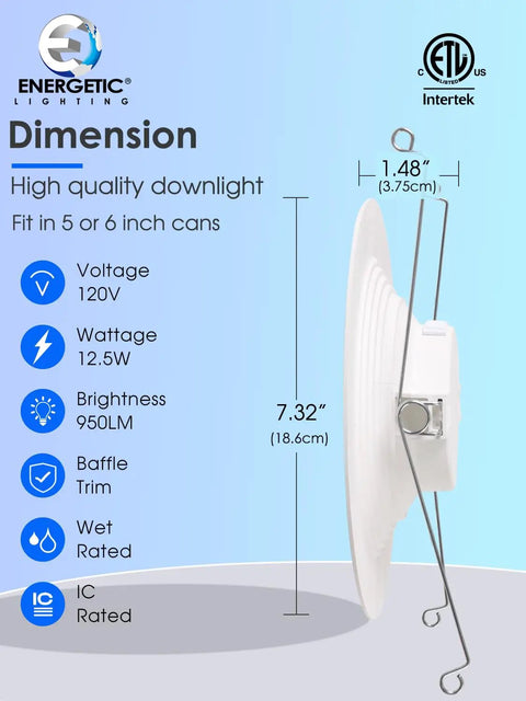 6 Inch LED Recessed Downlight Retrofit Can Light 12.5W To 100W Equivalent Cool White 4000K 950 Lumens Dimmable Baffle Trim Damp Rated ETL Listed 12 Pack dimensions and specs