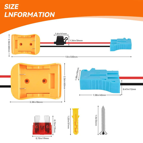 Size diagram of 20V Battery Adapter With 12AWG Wire Harness And 40A Fuse For Peg-Perego Ride-On Cars Converts To Use Standard SLA