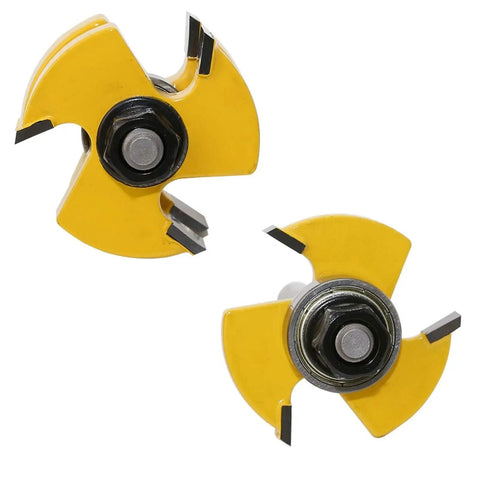 8mm Shank Router Bit Set For Tongue Groove Joinery 3 Flute Tenon Cutters showing yellow cutter heads with sharp edges and spindle.