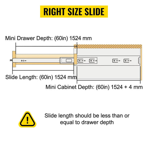 Diagram showing dimensions for Heavy Duty 60 Inch Locking Drawer Slides Built Tough As Nails for proper installation.