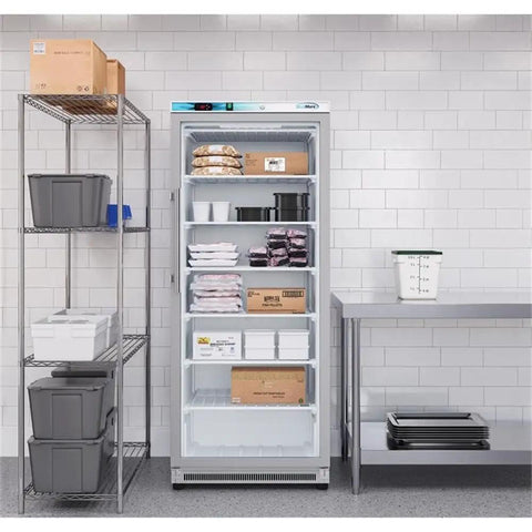 Legit 21 Cubic Feet Glass Door Freezer With Digital Temp Control And Adjustable Shelves Heavy Duty Steel Exterior storing frozen goods.