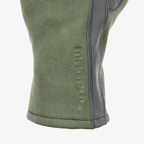 Close-up of Nomex Flight Gloves 2.0 Sage Medium with longer gauntlet and leather reinforcement showing seam detail.