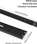 Pair Of 22 Inch Soft Close Ball Bearing Drawer Slides Full Extension 100 Pound Capacity Black Steel Heavy Duty Drawer