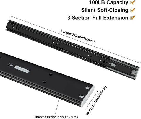 Pair Of 22 Inch Soft Close Ball Bearing Drawer Slides Full Extension 100 Pound Capacity Black Steel Heavy Duty Drawer