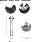 Close-up of 2 Pairs Replacement Screws Kit For Wayfarer Sunglasses With Stainless Steel Screws and Screwdriver, silver color.
